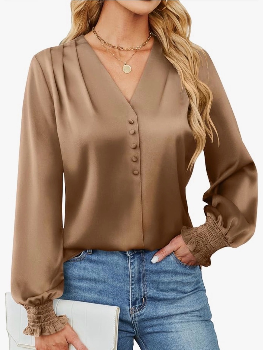 V-Neck Satin Long-Sleeve Blouse in Light Brown